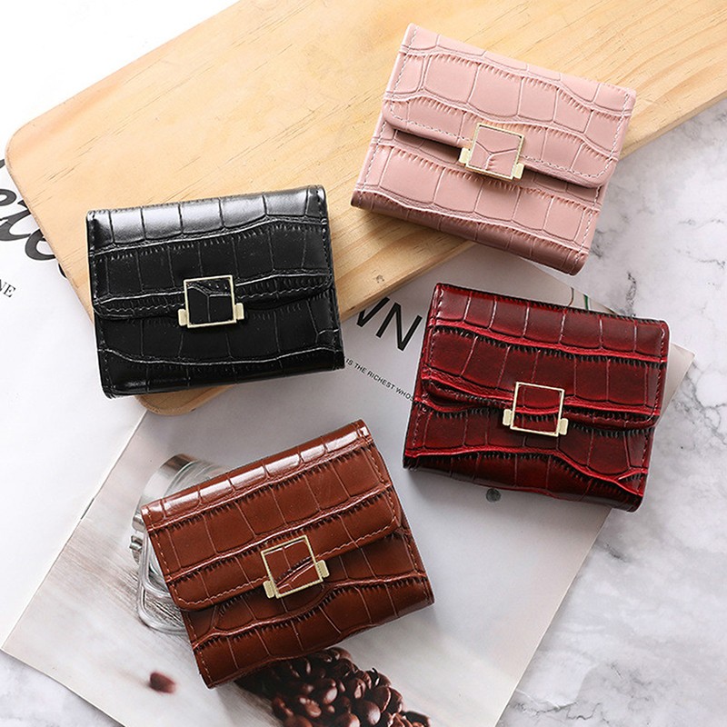 Leather women's wallet female short retro three-fold folding student version simple multi-card crocodile pattern coin purse