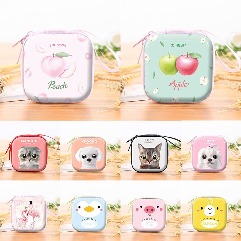 Creative Tinplate Zipper Coin Purse Cartoon Animal Pattern Headphone Organizer Pocket Card Holder USB Cable Data Line Storage