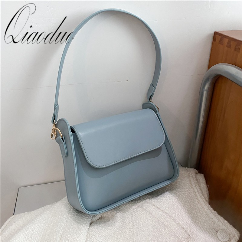 Qiaoduo 2022 Fashion Women Shoulder Bag Soft PU Leather Underarm Female Bags Solid Color Small Square Box Wide Strap Handbag