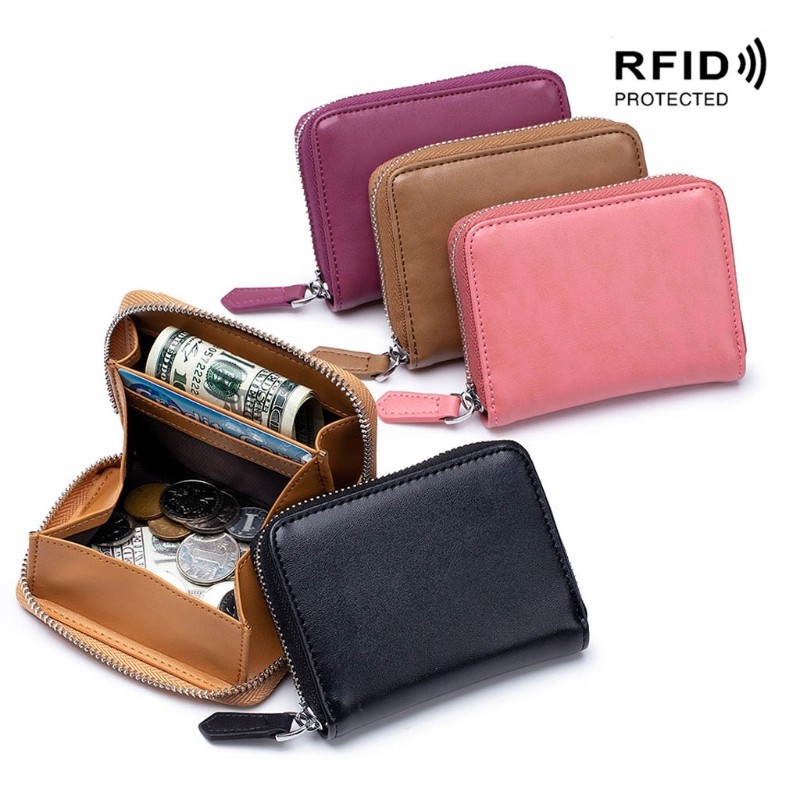 Unisex Leather Credit Card Wallet RFID Zipper Wallet for Men Women Small Pocket Organizer Key Holder Changing Storage Bag