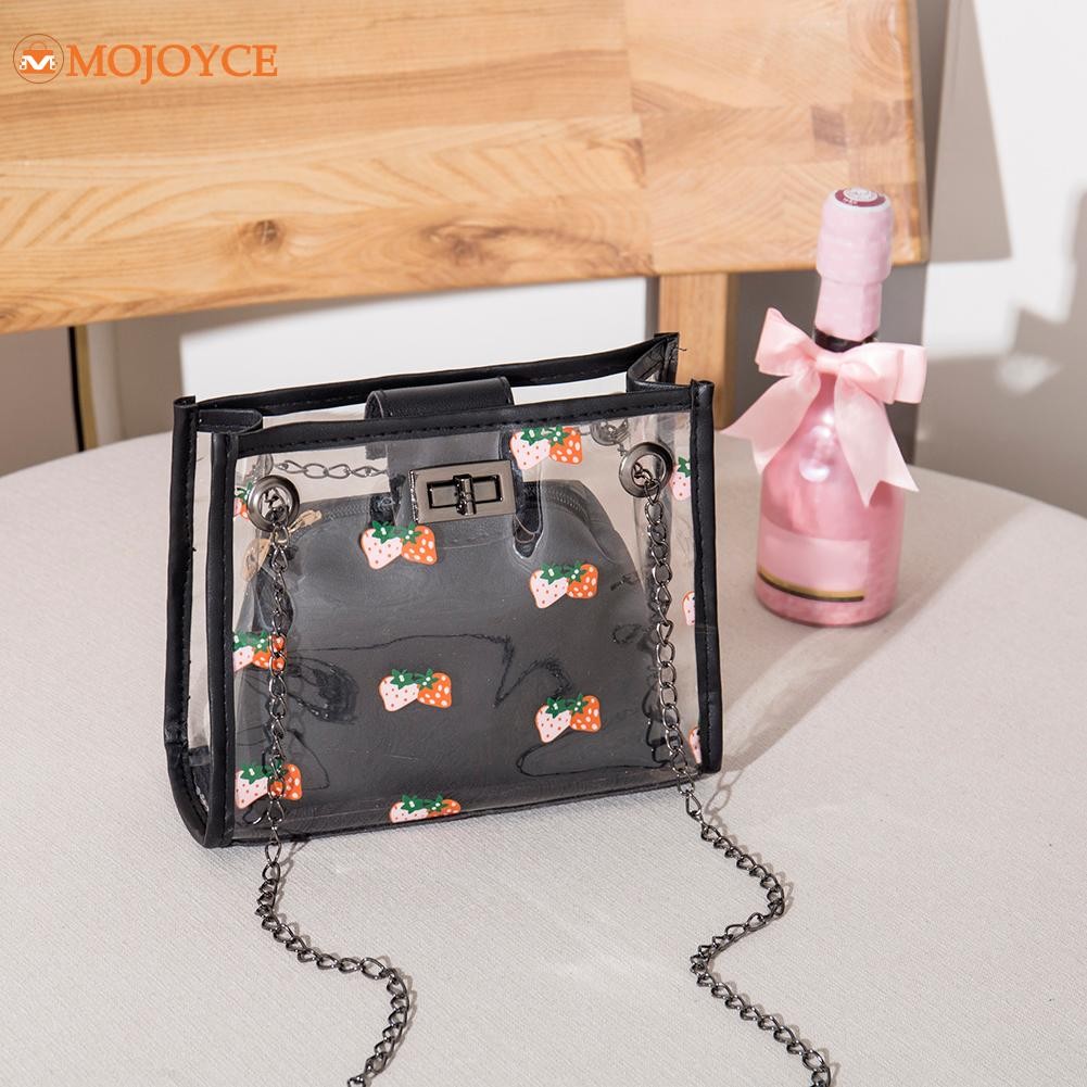 2022 Fashion Women Transparent Sweet Strawberry Pattern Clutches Shoulder Bag Chain Block Color Messenger Handbag Composite Tote