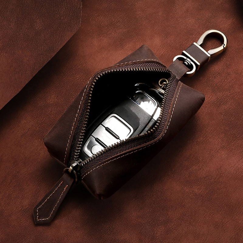 Men Crazy Horse Genuine Leather Key Wallet Coin Card Holder Money Bag With Keyring Zipper Pocket Car Mini Key Holder Purse