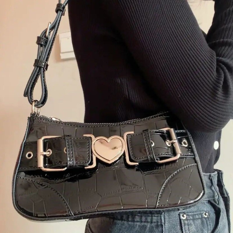 Xiuya Motorcycle Style Cool Shoulder Bag 2022 Crocodile Pattern Black Hot Girls Underarm Cell Phone Bag Metal Heart Handbags