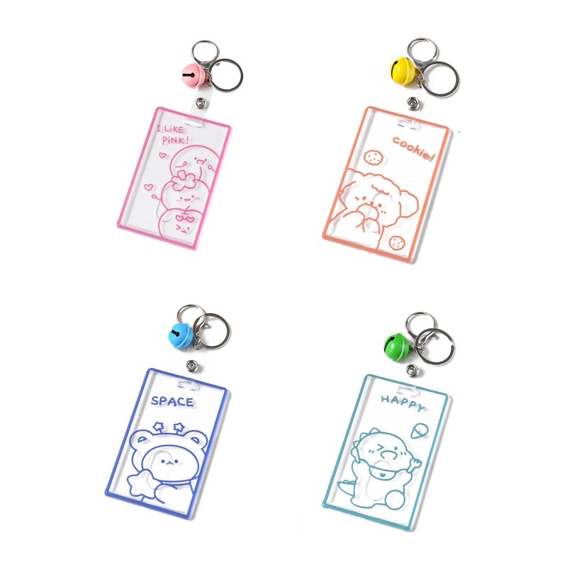 X7YA 1pc Transparent Acrylic Business Card Holder For Staff Staff With Keyring Bell Cartoon Pattern Pass Card Cover Bus Cards