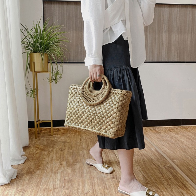 bohemian women summer beach woven straw handbag with round top handle travel vacation weave zipper large top basket bag