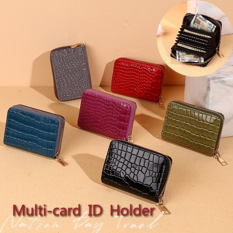 Solid Crocodile Pattern Women Card Holder PU Leather Credit Card Holder Zipper Business Card Pocket Unisex Travel Wallet