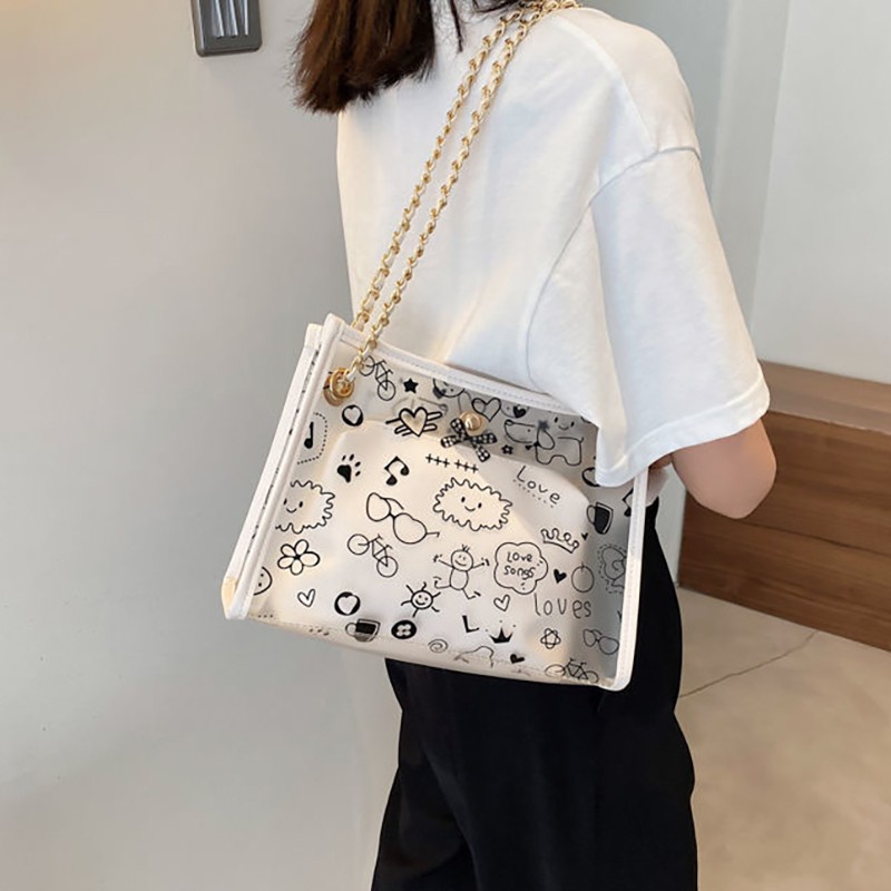 MBTI 2022 New Transparent Female Hand Cartoon Print Women Casual Large Shoulder Bag Shopping Fashion Chain Handle Bolso Mujer