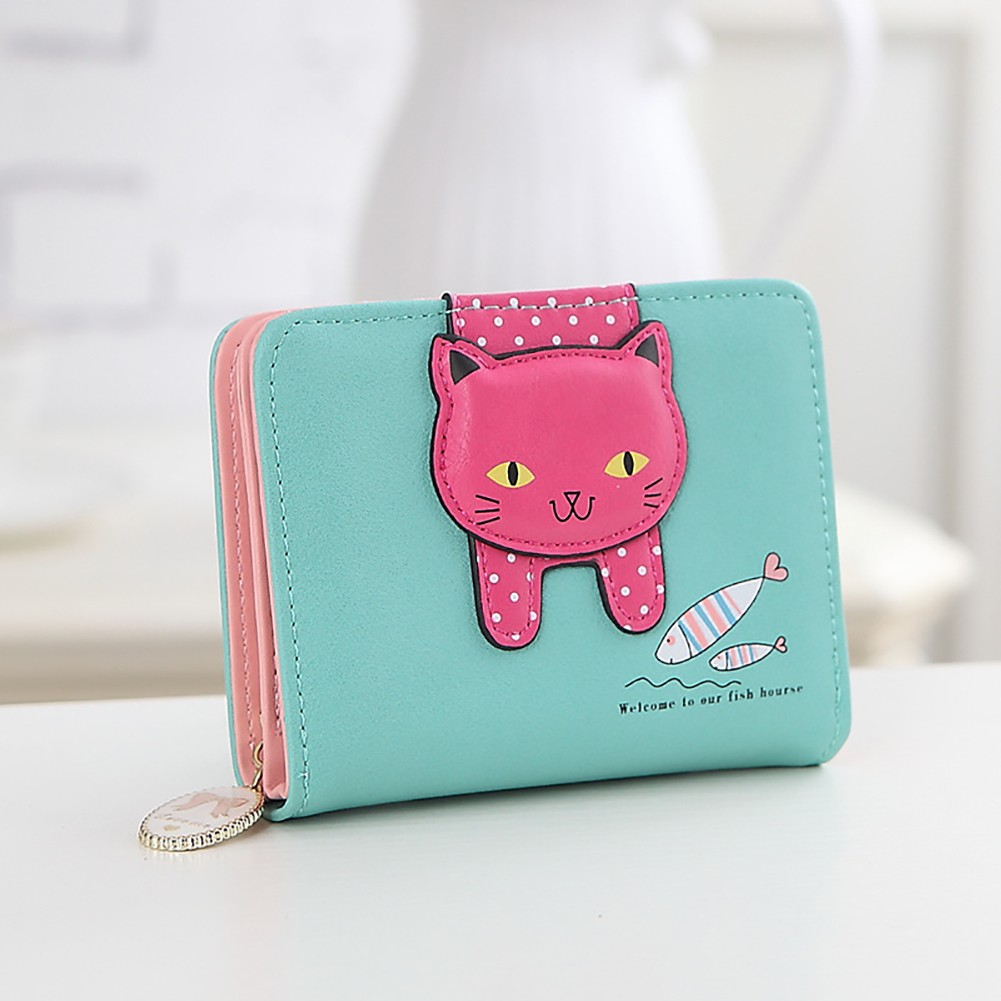 Card Portable Hasp Coin Zipper Closure Gift Cute Cat Money Folding Short PU Leather Cartoon Women Wallet