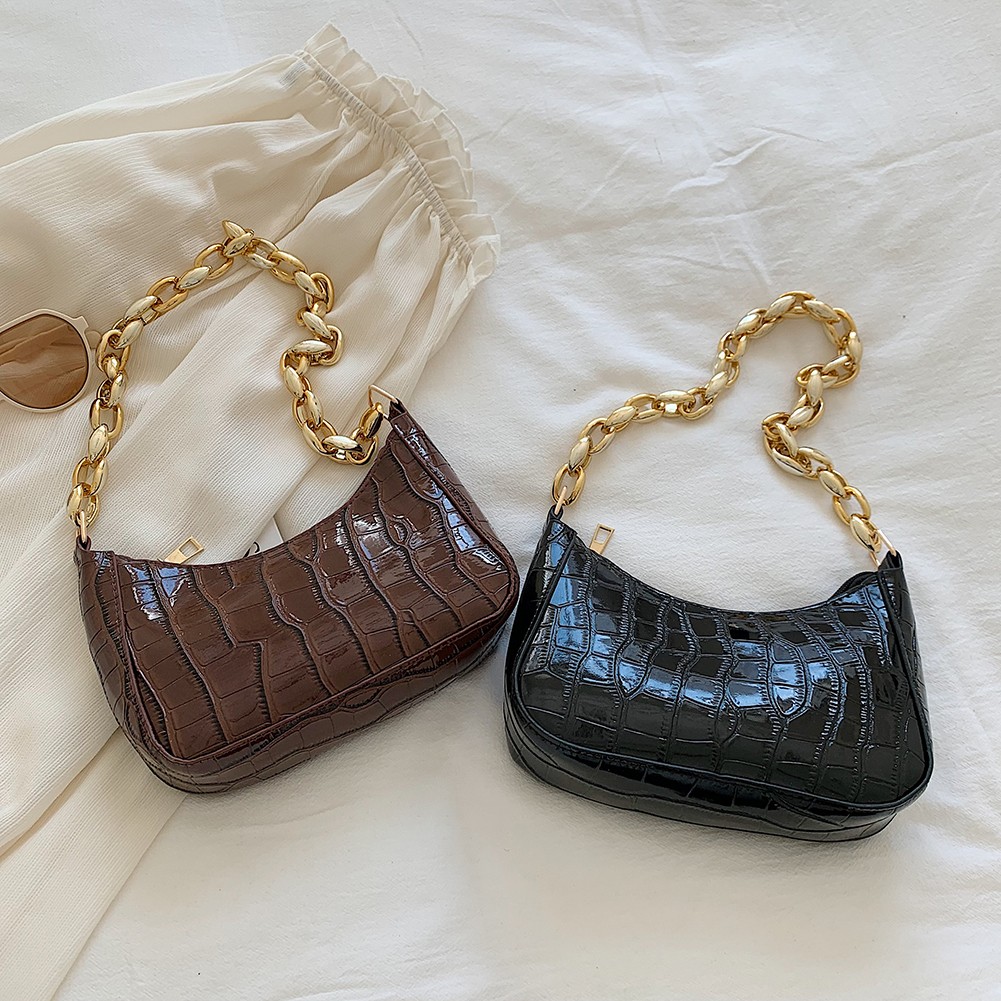 Ladies PU Leather Chain Shoulder Bag Women Underarm Bag Fashion Crocodile Pattern Zipper Shopping Handbag