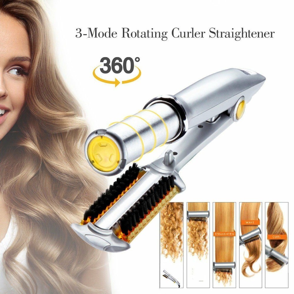 2 in 1 Hair Curler Hair Straightener Styling Tools LCD Ceramic Rotating Hair Waver Magic Curling Wand Iron. a brush