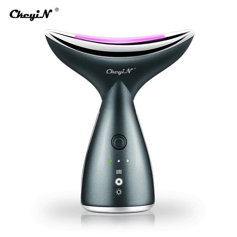 CkeyiN Microcurrent Neck Face Lift Machine 3 Color LED Photon Heating Therapy EMS Vibration Facial Slimmer Anti Wrinkle Massager