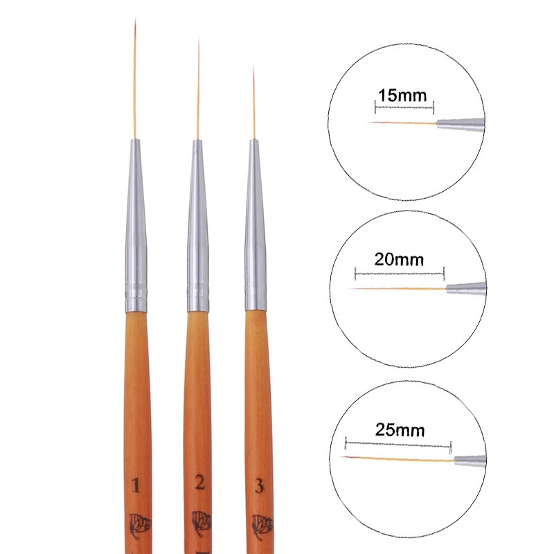 15/20/25mm 3pcs Nail Art Liner Brush Ultra Fine Brush Wooden Handle French Stripe Flower Painting Drawing Pen Manicure Tool