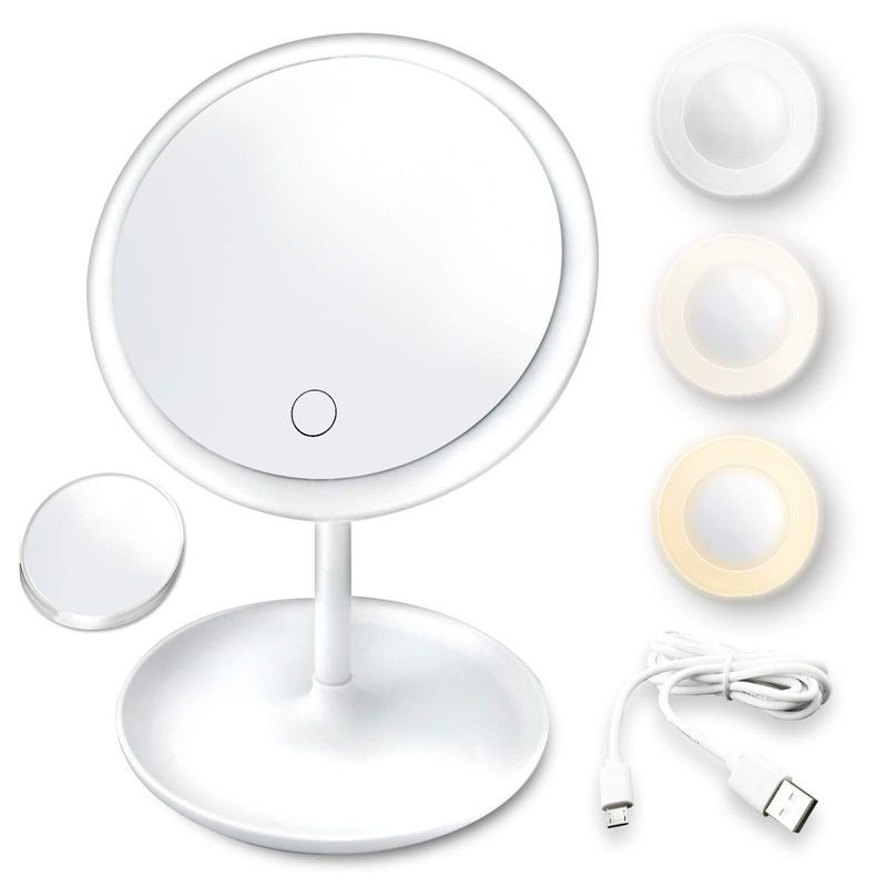 LED Makeup Mirror with Lamp Light with Storage Desktop Rotating Cosmetic Mirror Light Adjustable Dimming USB Vanity Mirror