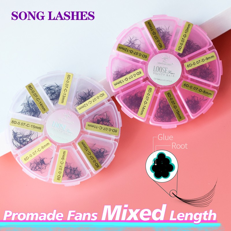 Pre-made Russian volume fan mixed length eyelash extension sharp tapered stem pre-made lashes extension thin root 3d/14d