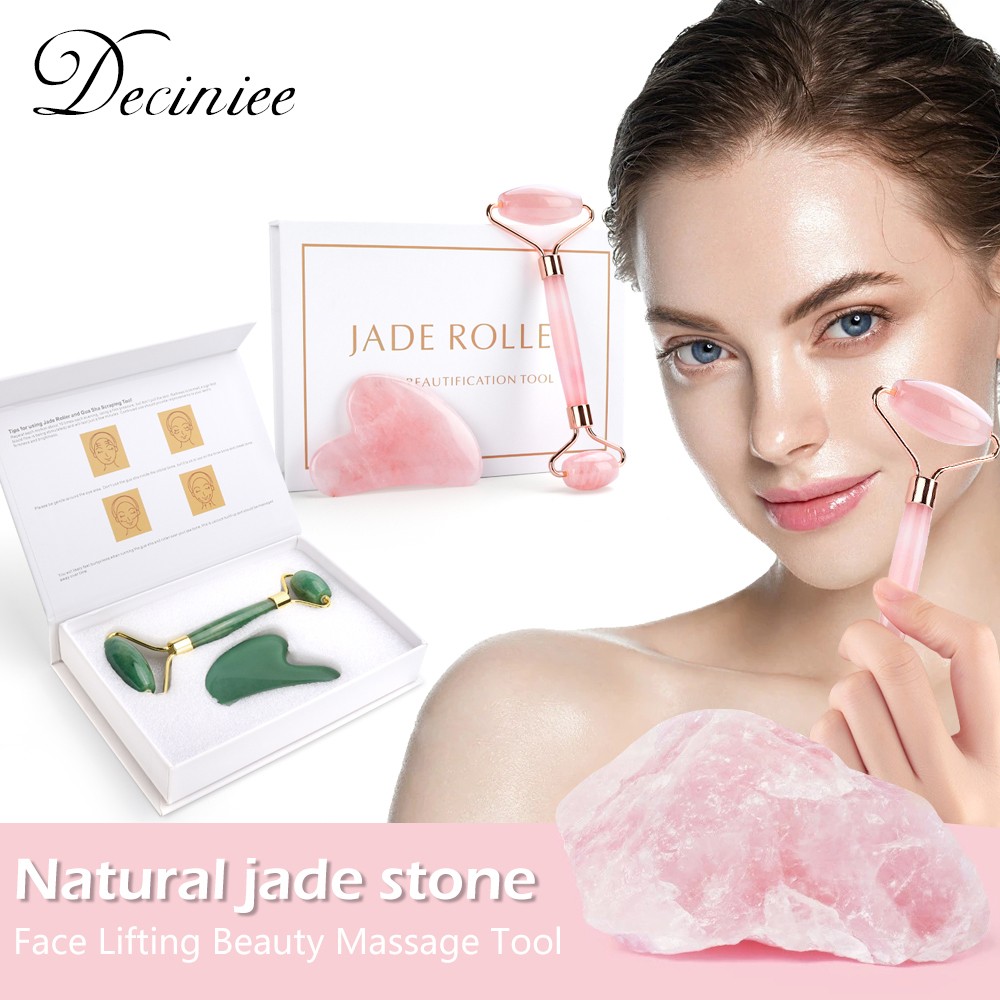 Natural Pink Quartz Jade Roller Gua Sha Set Facial Body Massager Roller Stone Jade Massage Set Face Lifting Beauty Massage Device