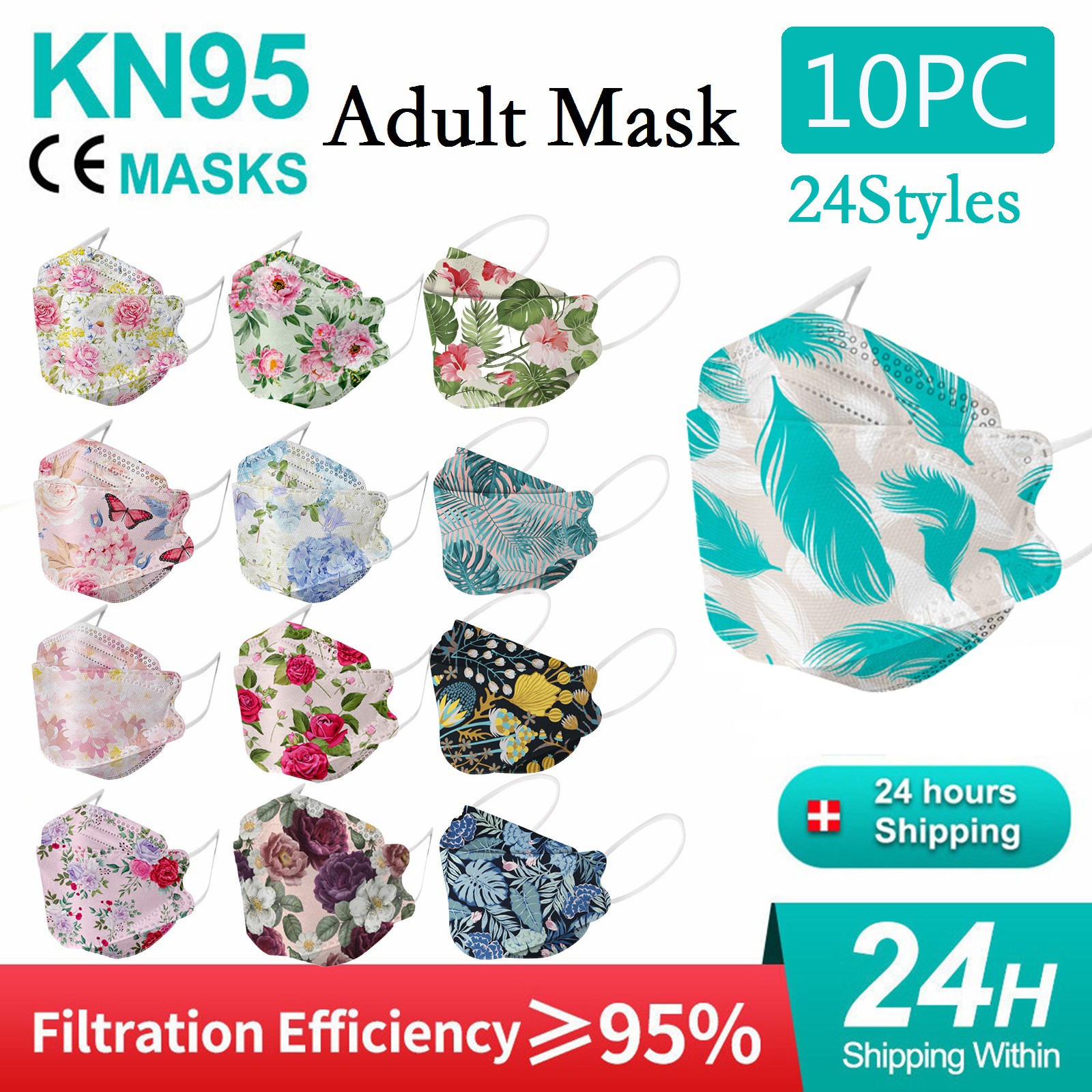 24 Colors KN95 Adult Face Mask 10pcs Flower Printed Mascarillas FFP2 CE Mask Fish Type Non-woven FPP2 Face Masks Mascarillas