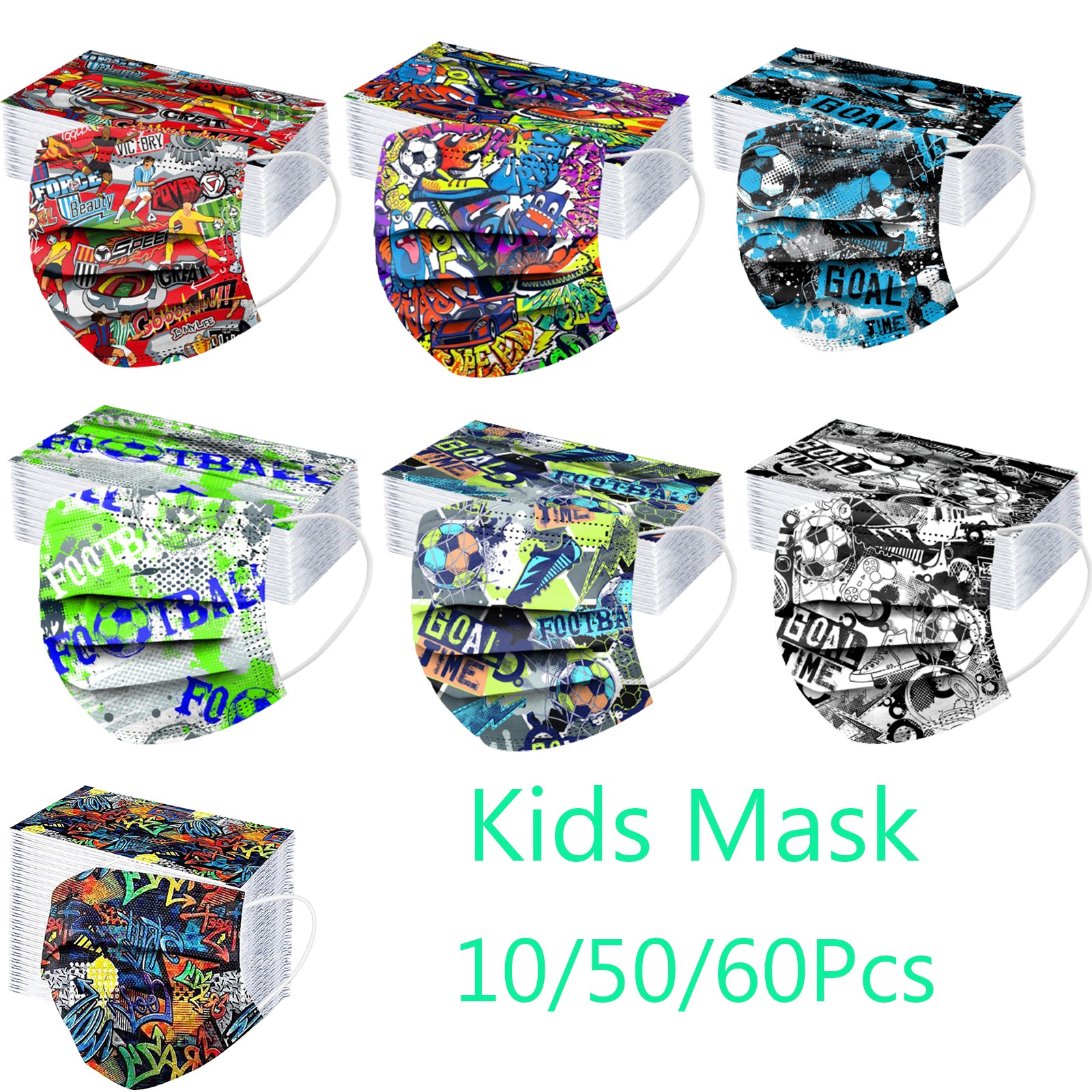 10/50/60pcs Face Masks Kids Disposable Mask 3 Ply Breathable Fashion Soccer Football Printed 4-12 Children Mask Mascarillas