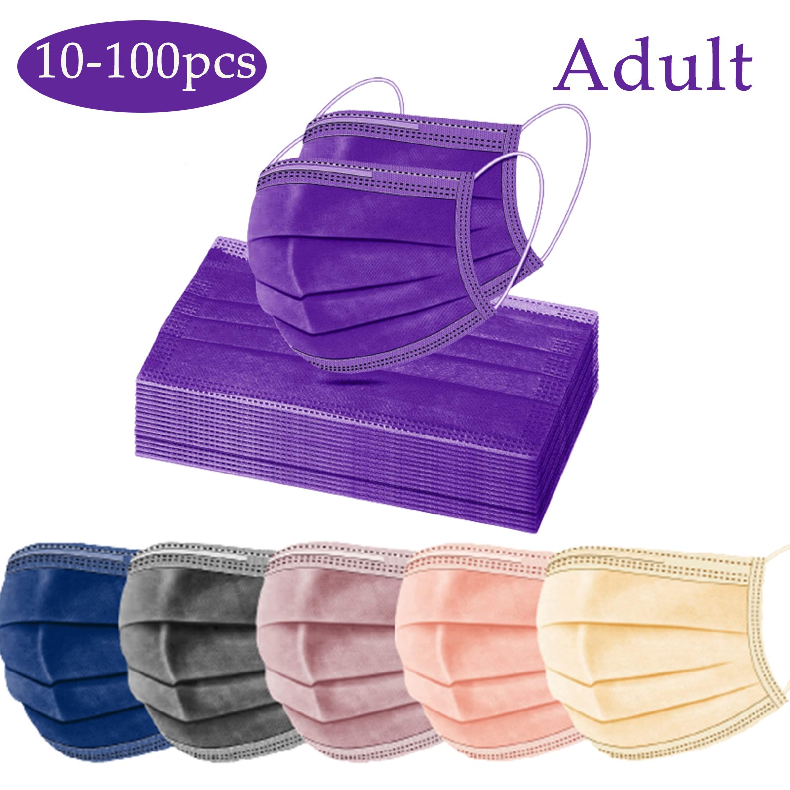 10-100pcs Adult Face Mask Disposable Mask Nonwove 3 Layer Filter Mouth Face Mask Filter Respirator Purple Pink Protective Masks