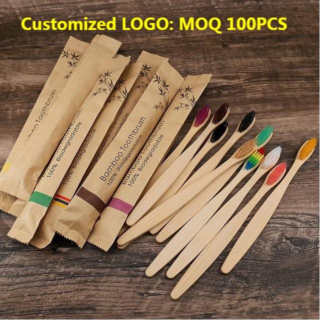 100pcs Eco-friendly Bamboo Reusable Toothbrush Portable Adult Wooden Soft Toothbrush Laser Custom Engraving Logo