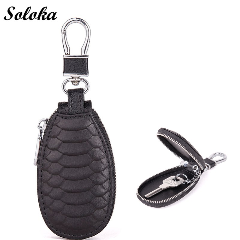 Snake Grain Cowhide Men's Key Car Key Case Protector Real Leather Zipper Key Wallet Waist Hanging Keychain Housekeeper Cover