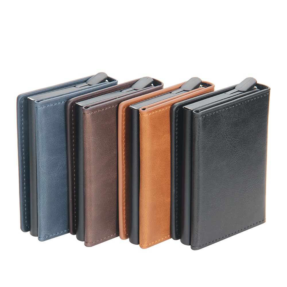 New RFID Blocking Protection Leather Card Case Men Aluminum Metal Business Slim ID Credit Card Holder Multifunction Small Wallet