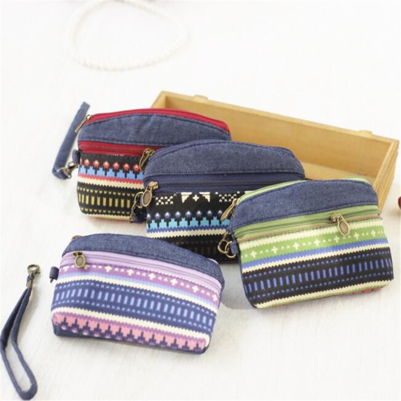 Women Ethnic Cotton Fabric Coin Purse Clutch Card Key Holder Children Kids Wallet Double Zipper Coin Purse porte monnaie femme