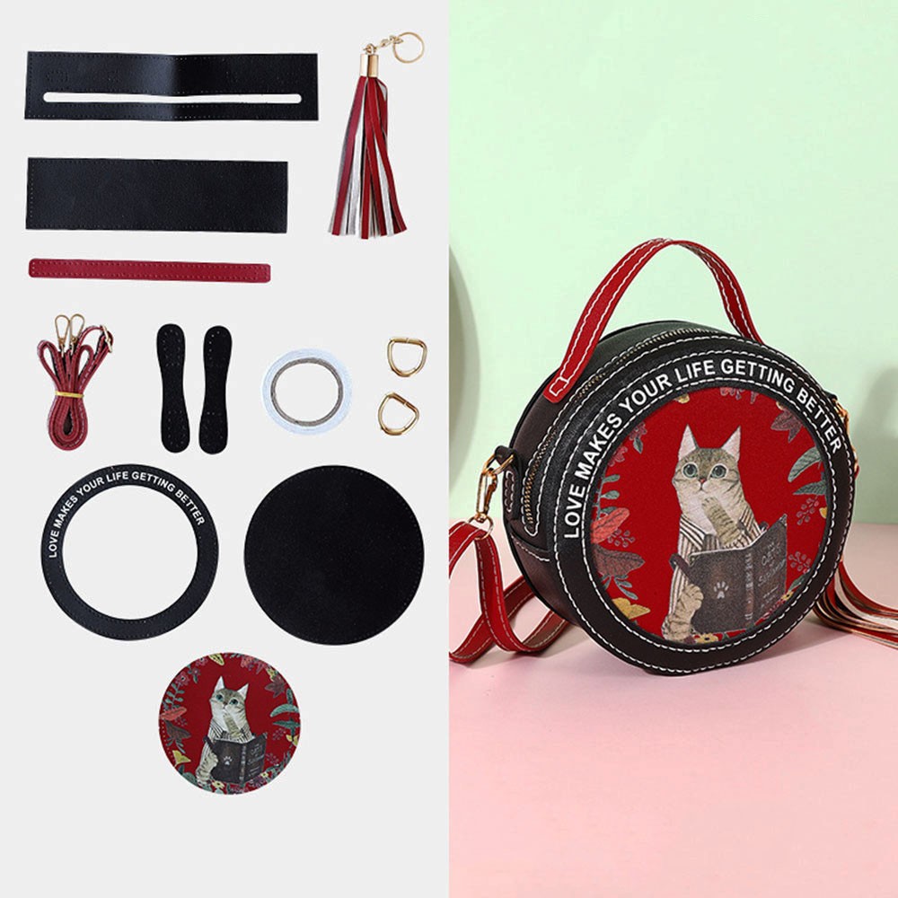 Round PU Cat Kitten Material Bag Set for Phone Handbag Sewing Bag DIY 0070