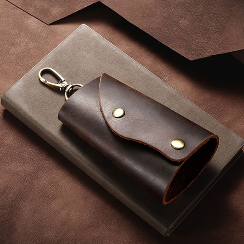 066F Cowhide Keychain Men Small Mini Key Holder Organizer Pouch Split Car Key Wallet Housekeeper Key Case for Adults