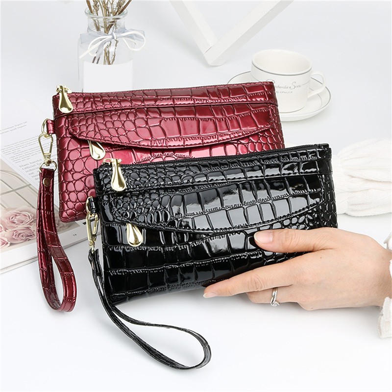 Patent Leather Women Wallets Flo Long Ladies Double Zipper Wallet Clutch Bag Design Red Purse Crocodile Wallet