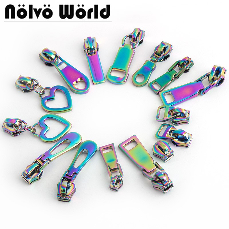 10-50-100pcs 11 types 5# iridescent rainbow metal nylon head teeth zipper puller slider for clothes purse bag accessories