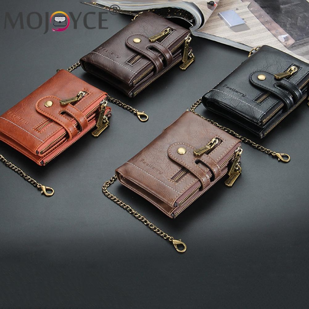 Retro Men Double Zipper Portable Mini Wallet Multi Slot Card Holder Small Wallet With Chain Fashion Solid Color PU Leather Burse