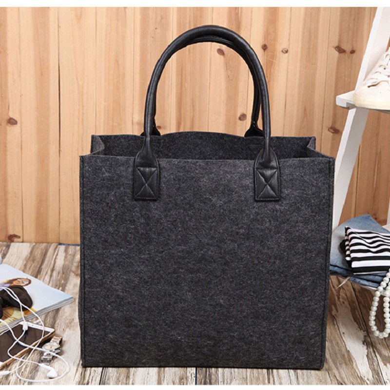 100pcs/lot Ladies Simple Fashionable Felt Shopping Tote Bag With Solid Leather Handles Leisure Wool Bags With Custom Label