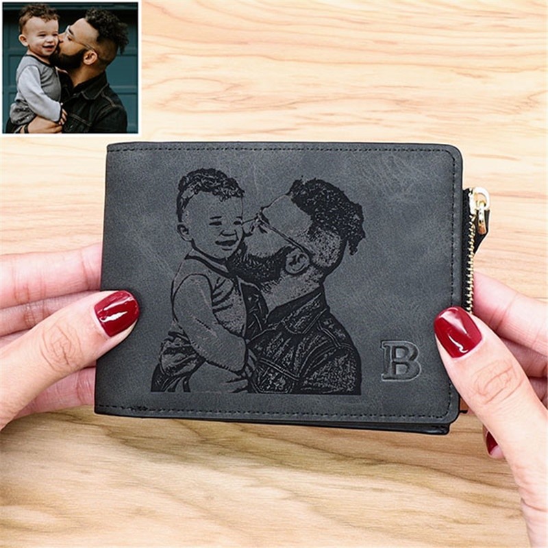 Custom Personalized Photo Wallet for Men with Zipper Coin Pocket Engraved Picture and Text Wallets Father's Day Gift for Him Dad