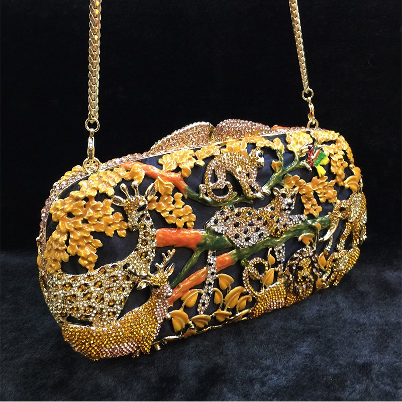 New Prom Animal Crystal Evening Bag Black Clutch Yellow Women Party Purse Diamond Ladies Night Club Clutches Chain Shoulder Bags