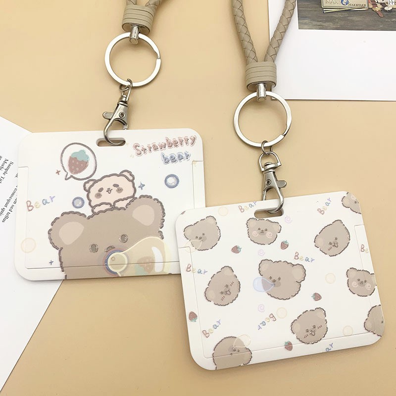 New Women Card Holder Lanyard ID Badge Card Holders Girls Cute Bear Bank Certificate Photocard Name Card Cover Female