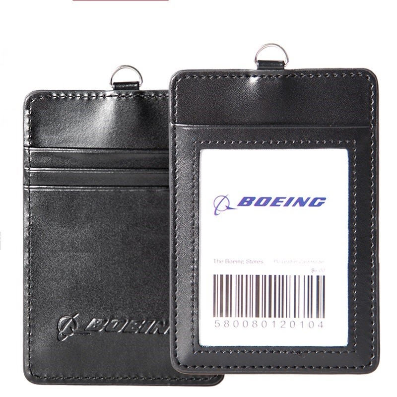 Boeing Card and ID Holder PU Leather Single Layer Badge Case Black Single Deck for Pilot Pilot Pilots Flight Crew