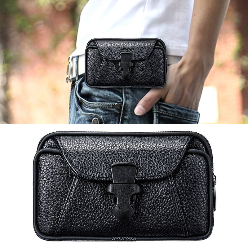 Multifunctional leather belt bag solid color men's business style belt bag horizontal and vertical section wallet purse