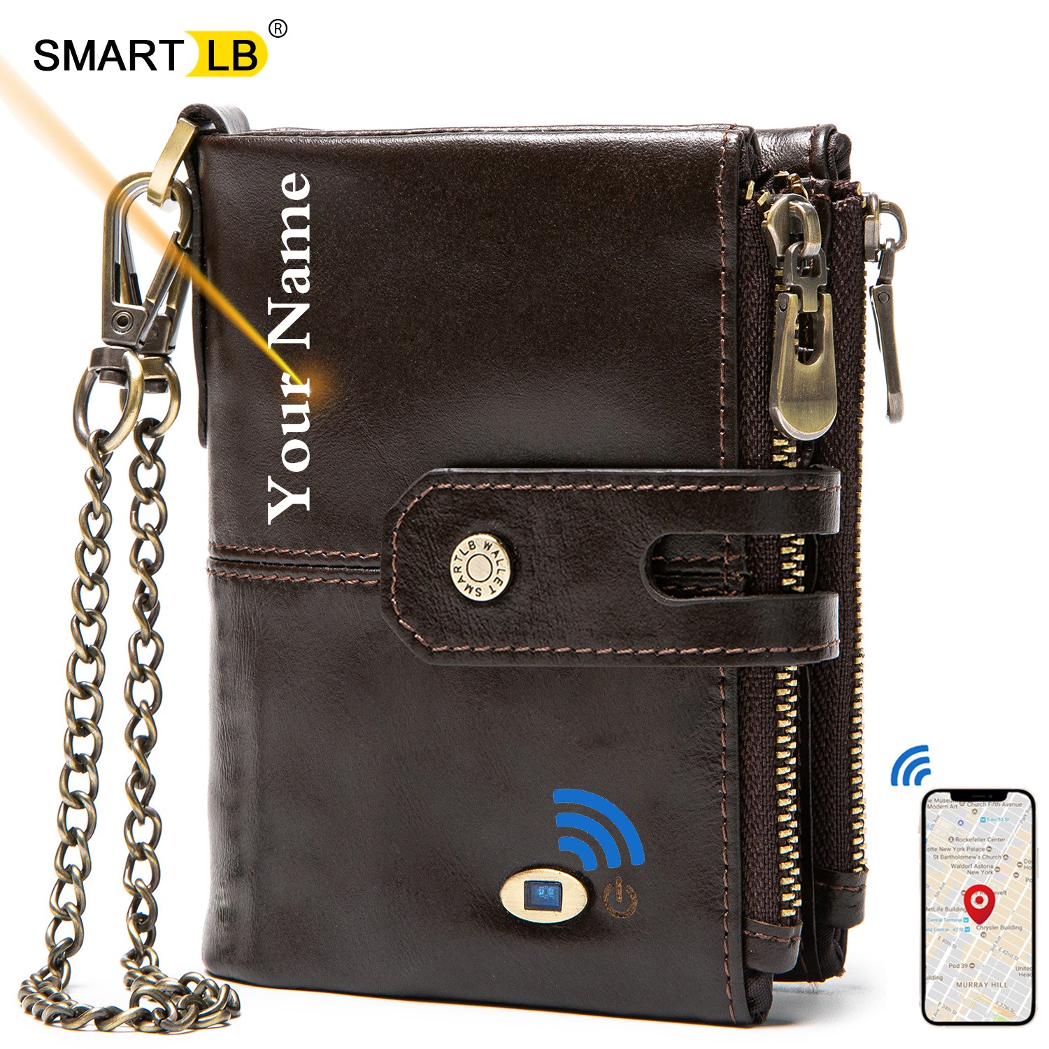Smart Anti-lost Wallet GPS Record Genuine Leather Men Wallets Zipper Coin Pocket Chain Purse Card Holder Wallet Free Engraving