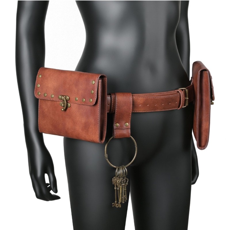 Vintage Leather Belt Waist Pack Women Men Steampunk Double Pouch Waist Bag Phone Holder Waterproof Bum Purse Knight Costume