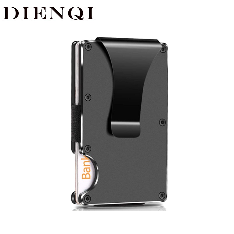 DIENQI RFID المعادن بطاقة حامل الرجال النساء محافظ المال أكياس محفظة البسيطة ضئيلة محفظة الأزياء صغيرة رقيقة الذكور أسود walet للرجال