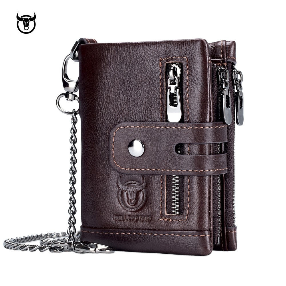 New Genuine Leather Men Wallet Brand Double Zipper Man Wallet Vintage Cowhide Male Card Coin Bag With Iron Chain