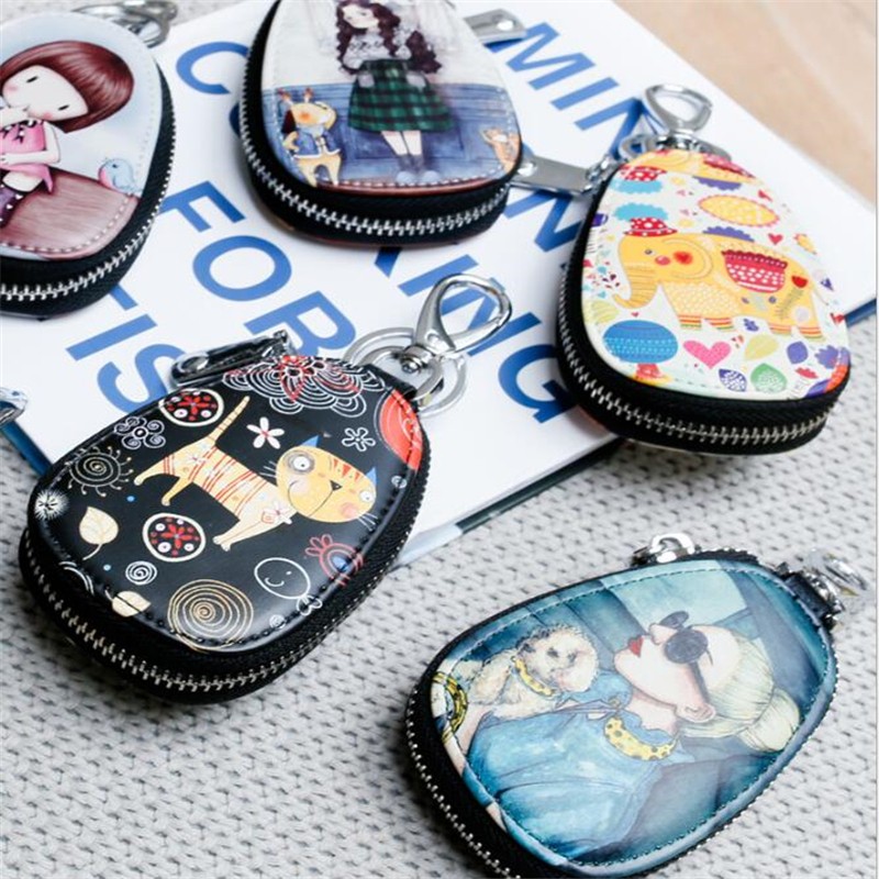 Cartoon Key Bag Women Girl Students PU Leather Key Case Car Key Chain Cover Fashion Lovely Zipper Holder