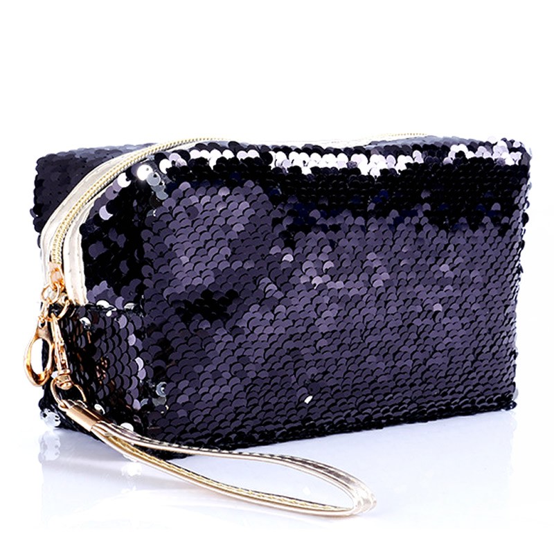 Small Embroidery Cosmetic Bag Women Girls Portable Makeup Bag with Shiny Sequins Travel Organizer Zipper Box