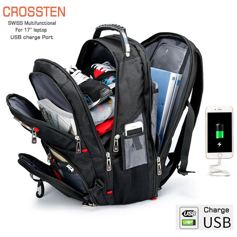 Crossten 17 Inch Durable Laptop Backpack 45L Travel Bag College Book Bag USB Charging Port Water Resistant Swiss-Multifunction