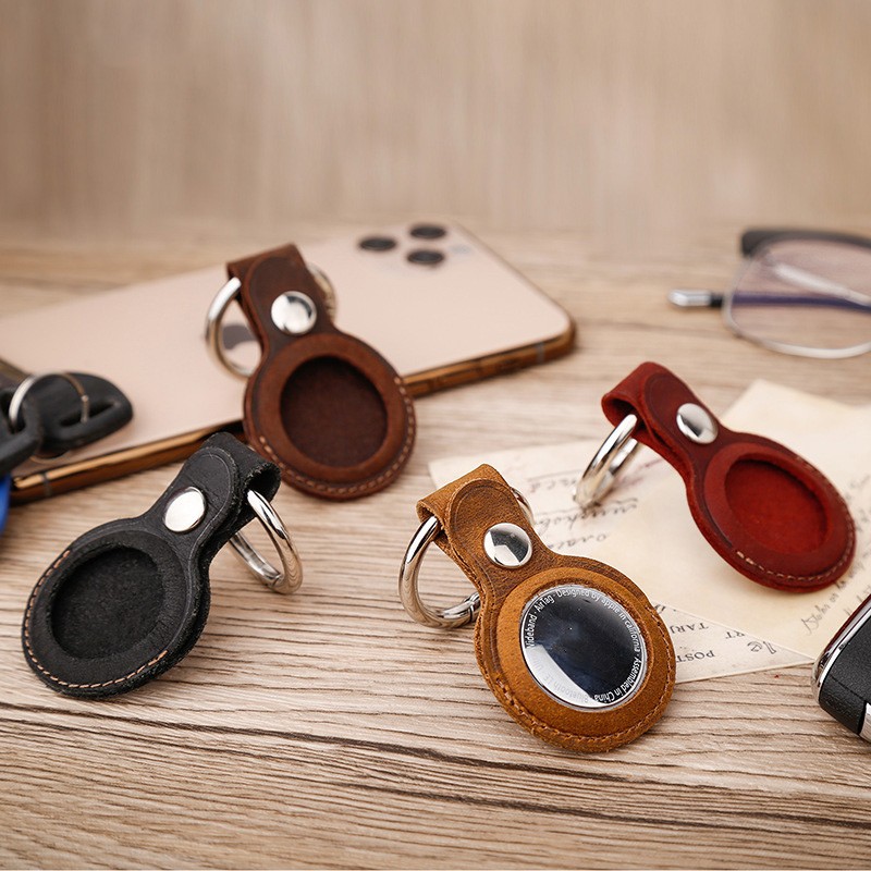 Airtag Tracker Keychain Genuine Leather Airtag Case Student Key Pet Anti-lost Locator Protective Sleeve Retro Cowhide Small Gift