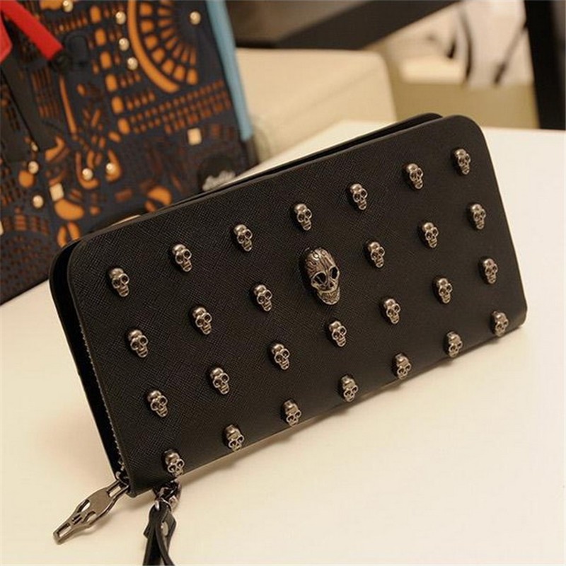 2021 Hot Sale Women Wallets Metal Skull Wallet Card Wallet Leather Cuff Purse Handbags For Women
