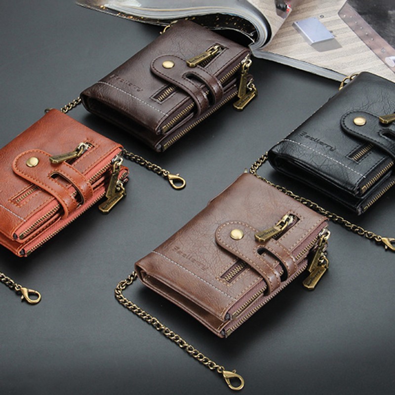 High Quality Men's Wallet PU Leather Short Male Wallet Multi-Card Male Wallet Zipper Pouch Retro Three Fold Chain Money Bag