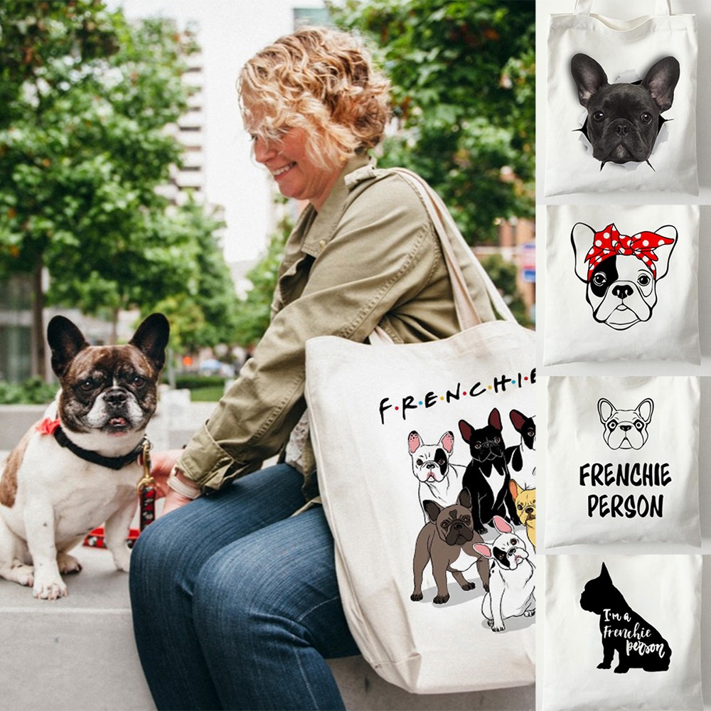 Reusable Canvas Shopping Bag Women Bag With French French Bulldog Print Students Teacher Book Travel Storage Shoulder Bags