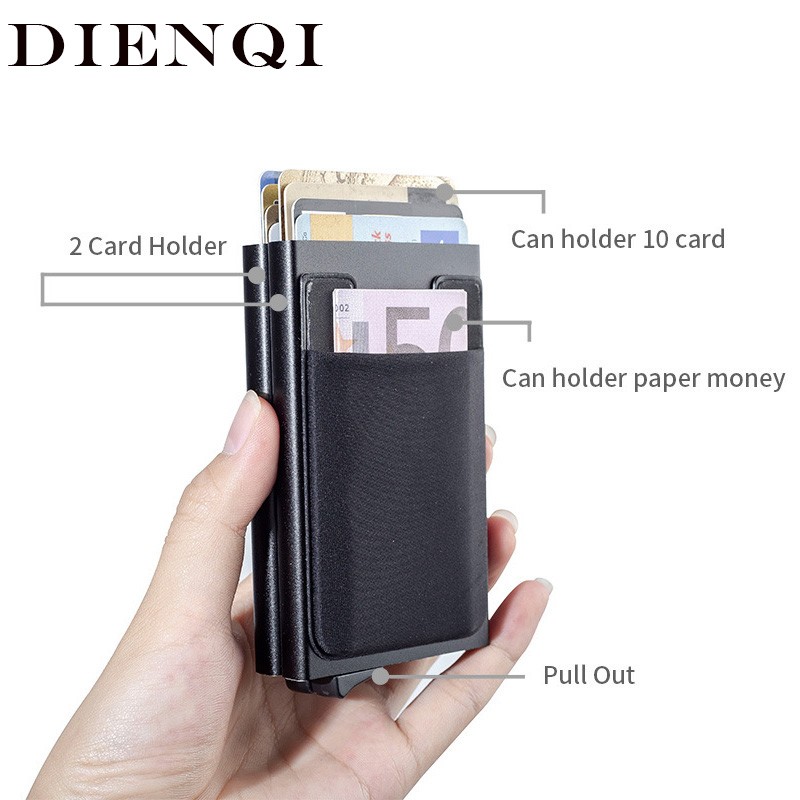 DIENQI Large Capacity RFID Card Holder Aluminum Card Wallet Man Cards Wallet Flexible Coin Cash Pocket Case Double pasjes houder