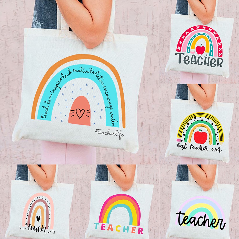 Best Teacher Ever Rainbow Women Canvas Shopping Bag Teacher Life Reusable Aesthetic Eco Tote Shoulder Bags Storage Travel Gift Bag